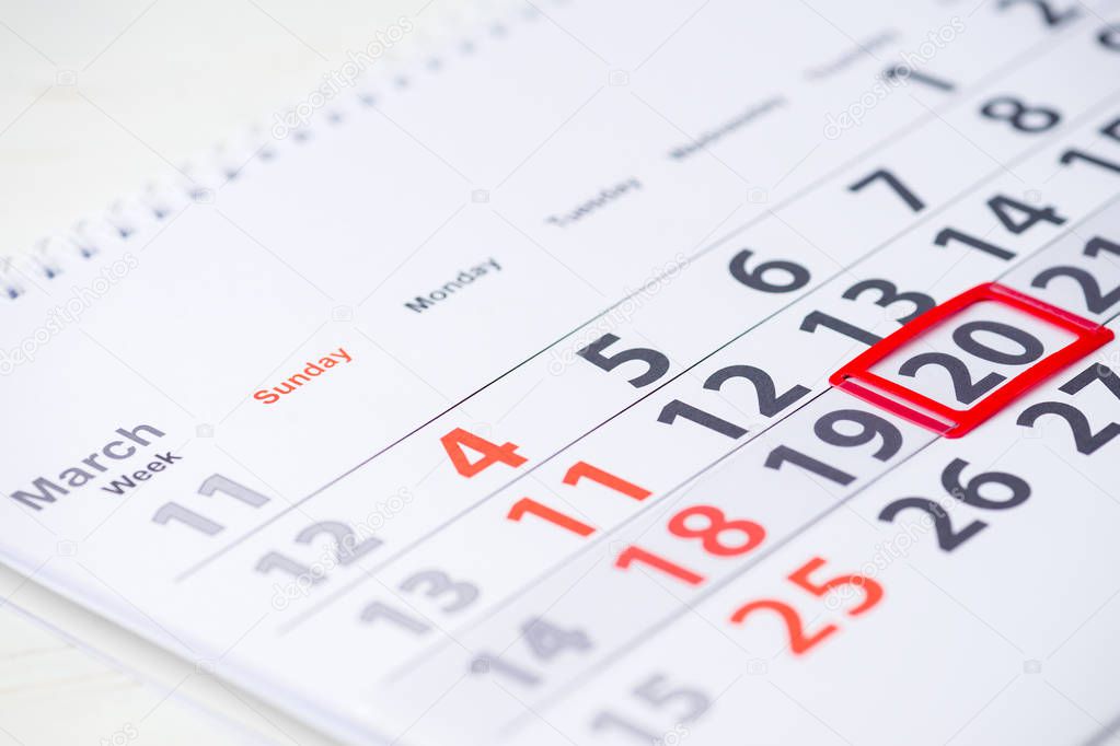 Earth Day. 20 March mark on the calendar, close-up