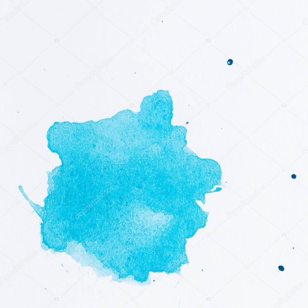 Azure blue paint splatter. Paint splash on white background. Wat