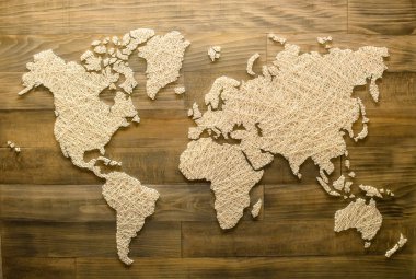 Ev dekorasyon, üst için ahşap arka plan olarak el yapımı Dünya Haritası