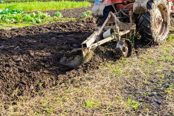 Traktor pflügt ein Land, ländliches Leben in Russland. Konzept der Landwirtschaft — Stockfoto