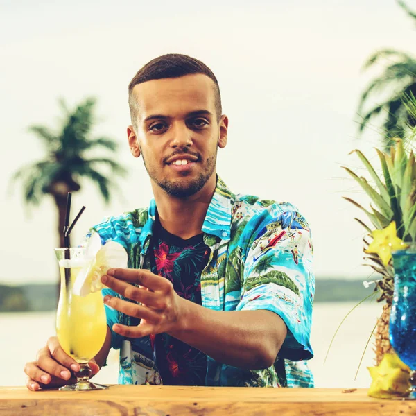 Handsome Latin American bartender standing near the bar counter,