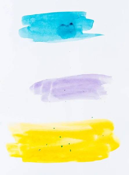 Uppsättning av akvarell penseldrag av blå, lila och gul färg — Stockfoto