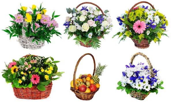 Set manden van verse bloemen, cadeau, geïsoleerd op witte backgro — Stockfoto