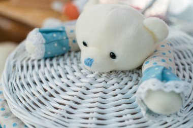 sevimli ayıcık bir beyaz hasır sepet, metin için yer üzerinde başkanı