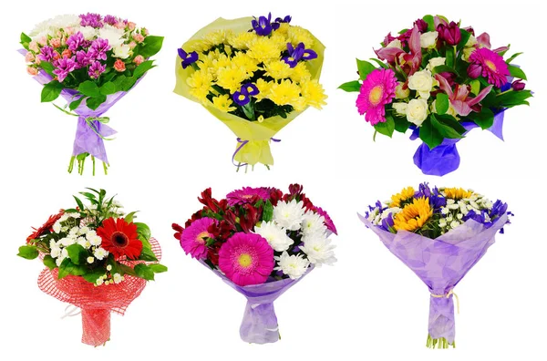 Set Von Strauß Von Bunten Blumen Isoliert Auf Weißem Hintergrund — Stockfoto