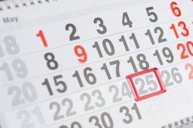 Takvim 25 Mayıs yakın çekim, sığ dof