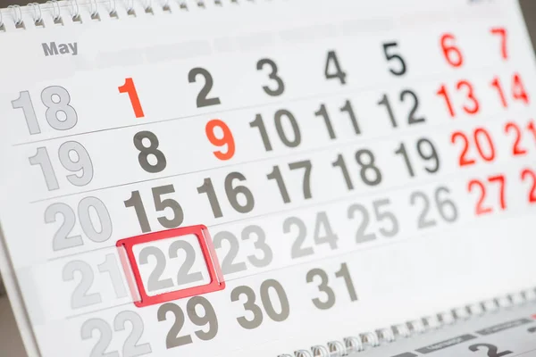 Календарь 22 мая крупным планом, мелким планом — стоковое фото