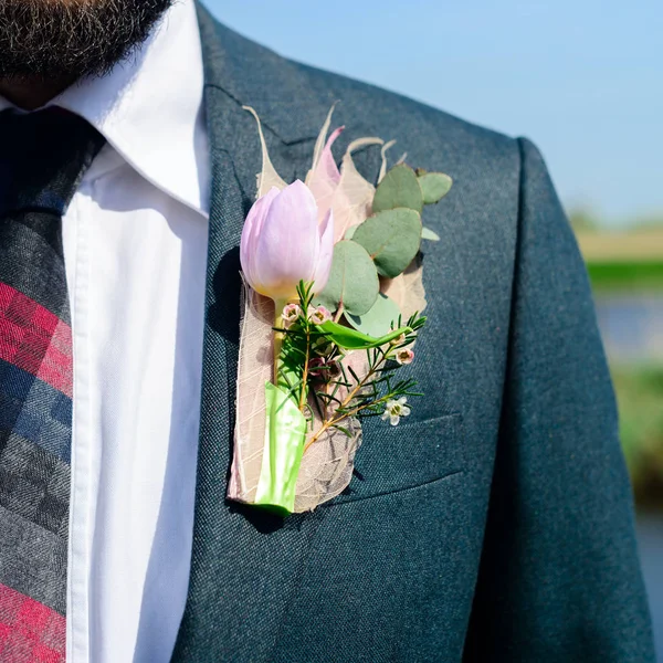 Wedding Day Beautiful Creative Groom Boutonniere Suit Unknown Groom Close — Stock Photo, Image