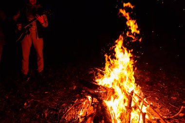 hipster arka planda bir gitar ile gece yakın şenlik ateşi kamp ateşi. Müzik şenlik ateşi doğada oynamaya arkadaşlar.