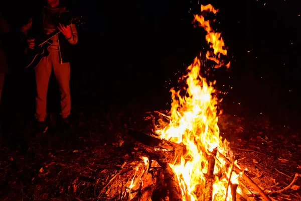 Lagerfeuer Nacht Nahaufnahme Hipster Mit Einer Gitarre Hintergrund Freunde Spielen — Stockfoto