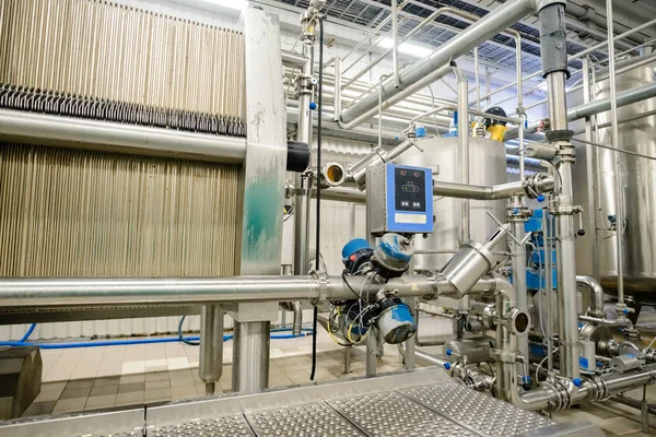 Filters at the beer brewing factory, filtering beer wort at a modern brewing plant