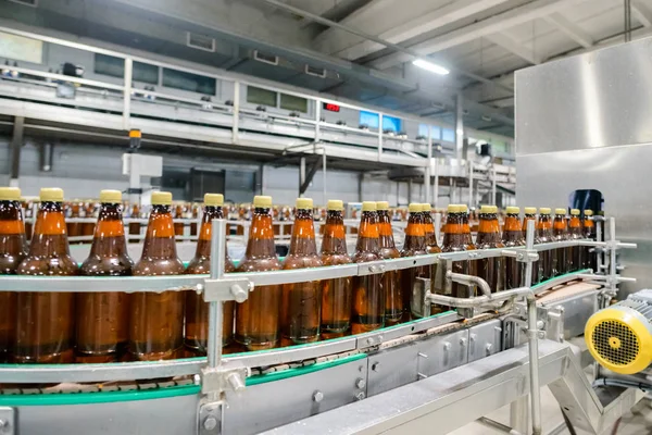 Transportador Embotellado Cerveza Fábrica Cerveza Botellas Cerveza Cinta Transportadora — Foto de Stock