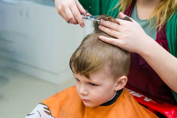 Blonde Boy Haircut Hairdresser Close Portrait Toddler Child Getting His — Stock Photo, Image