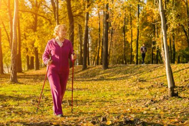 Hiking aktif kadın kıdemli renkli güneşli sonbahar Parkı'nda yürüyor. Sağlıklı bir yaşam tarzı. Finlandiya.