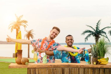 Barmen haydutlar, şişeler ve içkiler, sahilde barmenlik.