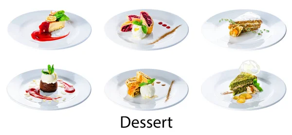 Kumpulan Set Makanan Penutup Diisolasi Pada Putih Lemon Cheesecake Cherry — Stok Foto