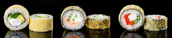 baked hot sushi rolls on a dark background. Hot fried Sushi Roll Sushi menu. Japanese food. Very high resolution image