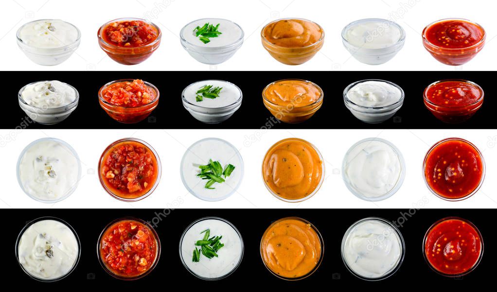 Bowl with sauce set isolated on white and black background. Close up Aerial Shot of Assorted Spicy Sauces on Saucers