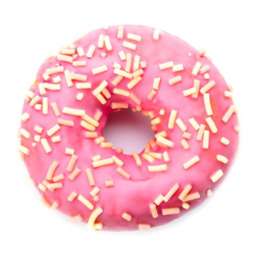 Beyaz arka planda, Donut izole renkli sprinkles ile pembe çörek