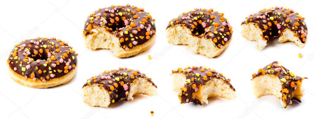 seven stages of Chocolate donut biting on white background. Delicious Donut with Bite Missing Isolated