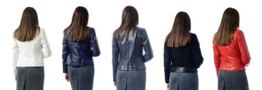 Beyaz arka planda izole çok renkli ceketler kadın esmer sırt