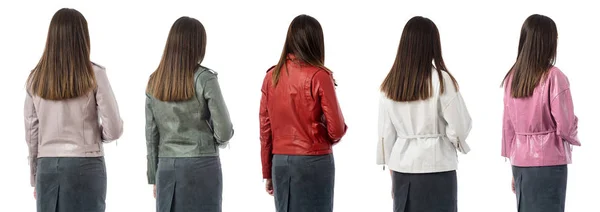 Woman brunette backs in multi-colored jackets isolated on white background — Stock Photo, Image