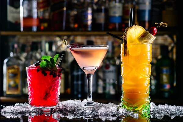 beautiful bright cocktails on the bar in the nightclub