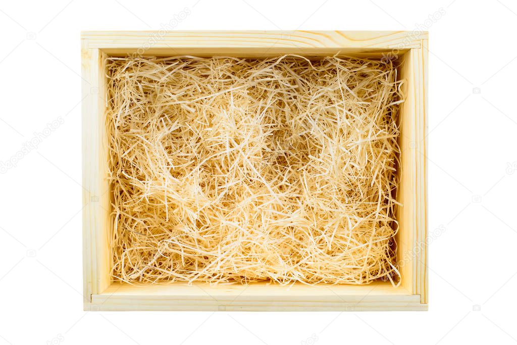 Natural wooden shredded wood shavings for gifting, shipping and stuffing. Top view.