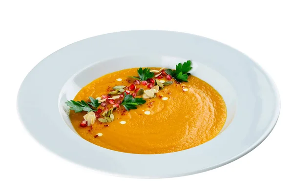 Pumpkin and carrot baby puree in round dish — Stock Photo, Image