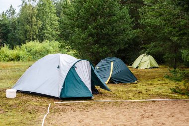 Kamp çadırı. Kamp ateşinin yanında dinlenen sırt çantalı ve turist grubuyla..