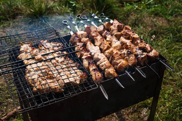 Kebab meat is grilled on grill — Stock Photo, Image