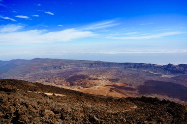Mars Kızıl Gezegeni 'nin çöl manzarası. Teide Ulusal Parkı. Teide yanardağının güzel manzarası. Tenerife 'deki Teide Dağı volkanı çöl krateri. Kanarya Adaları