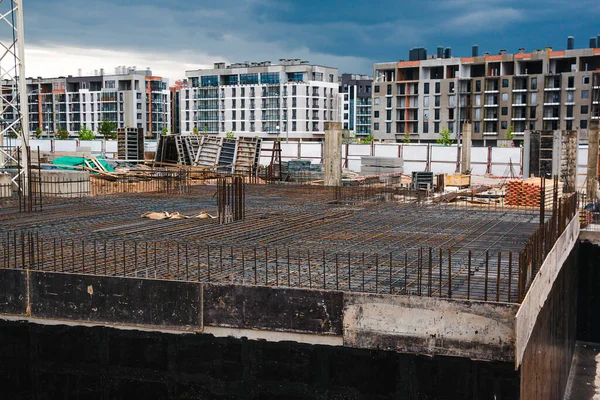 Renforcement Dans Fondation Préparé Pour Couler Béton Utilisant Fil Acier — Photo