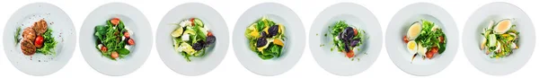设置与不同的沙拉在白色背景 横幅设计集夏季色拉蔬菜和水果为一体 顶部隔离 — 图库照片