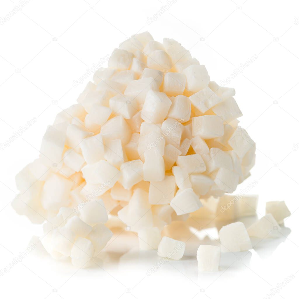 sweet dried cubes of coconut fruit isolated, dried coconut pieces on white background