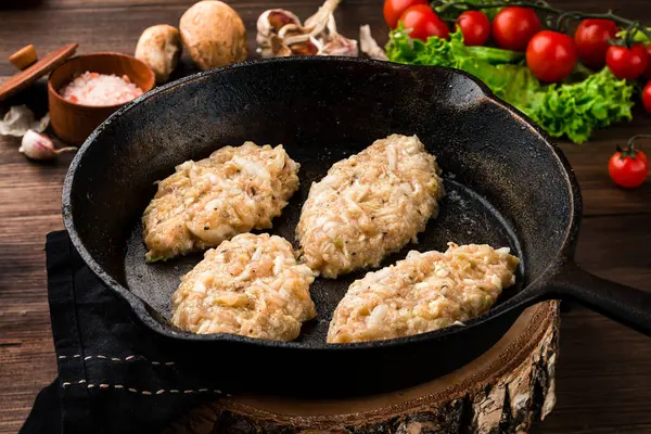 Chicken Meatballs Style Rustic Chicken Cutlets Pan Dark Concrete Table — Stock Photo, Image