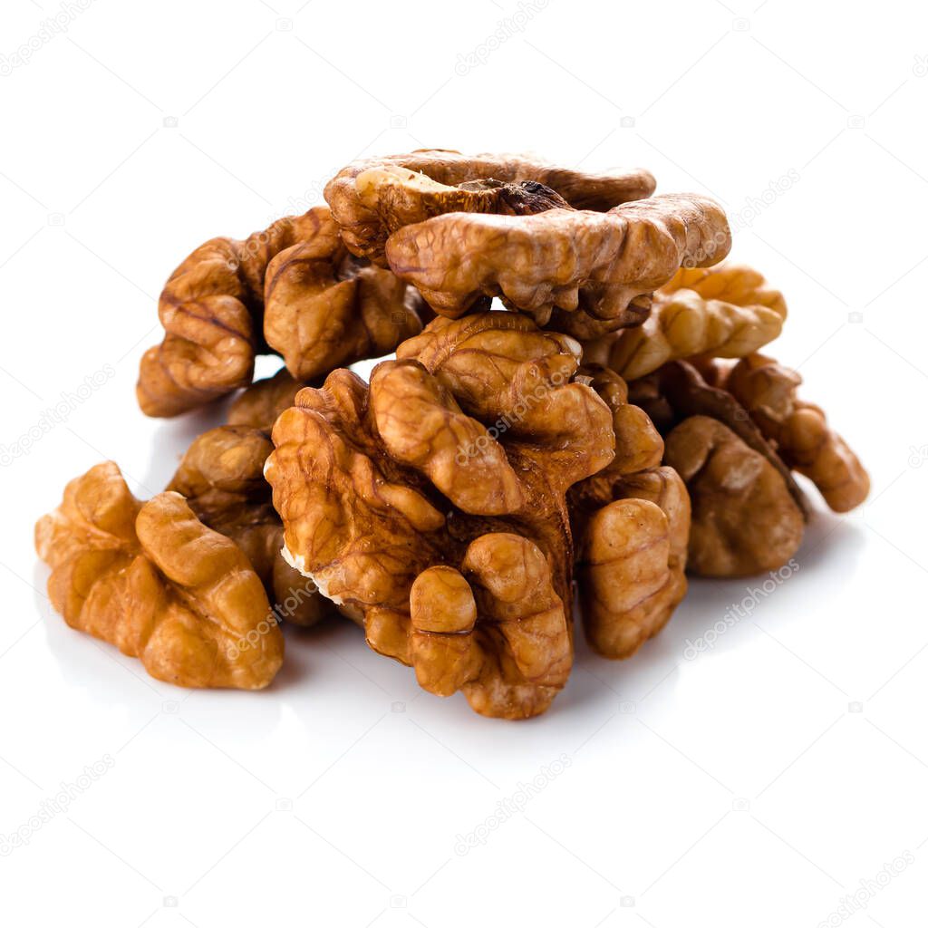 Walnut kernels isolated, peeled walnut on a white background