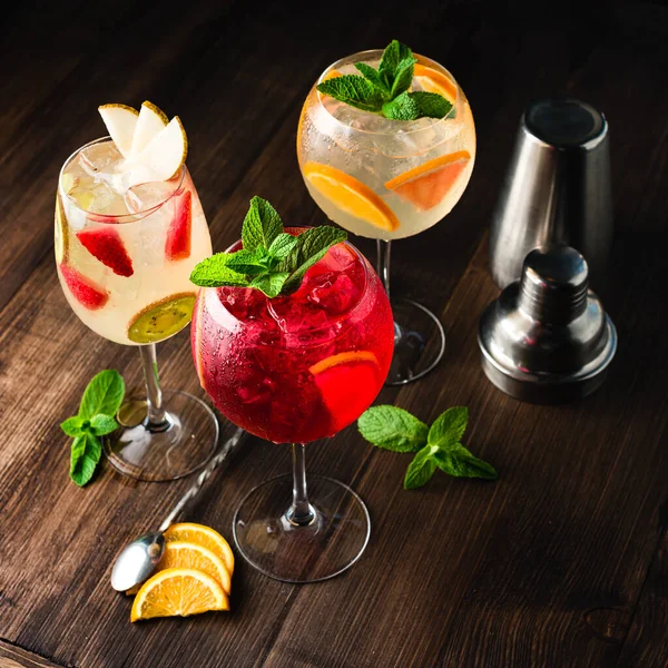 Collection Summer Cold Cocktail Set Three Fruit Berry Sangria Drink — Stock Photo, Image