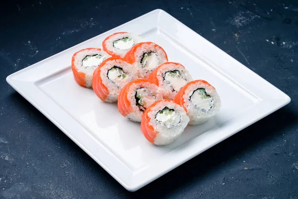 Sushi Roll Maki Sushi Roll Close Menu Grey Concrete Background — Stock Photo, Image