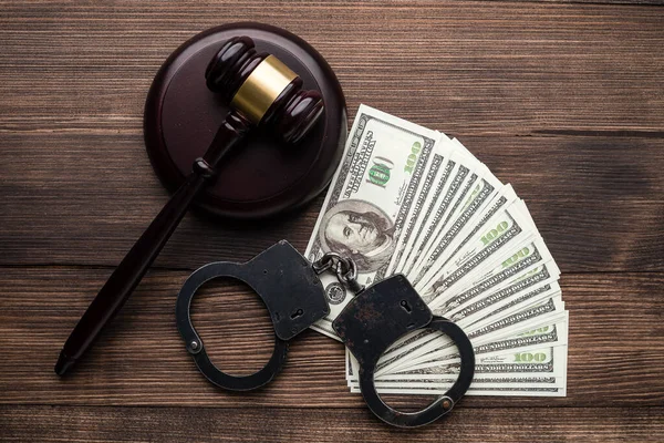 Judge Gavel Handcuffs Background Dollar Bills Judge Hammer American Dollar — Stock Photo, Image