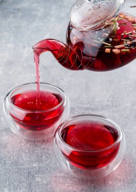 Kırmızı çay çaydanlıktan bir kaseye, ahududu çayı taze böğürtlenlere dökülür.