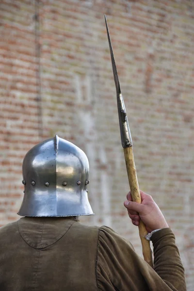 Medieval Soldier Helmet Spear — Stock Photo, Image