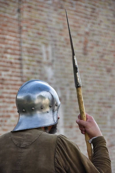 Medieval Soldier Helmet Spear — Stock Photo, Image