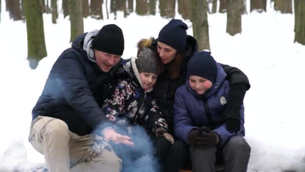 Famiglia Sta Facendo Falò Nella Foresta Invernale — Video Stock