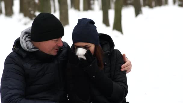 Pareja Europea Que Tiene Tiempo Bosque Invierno — Vídeos de Stock