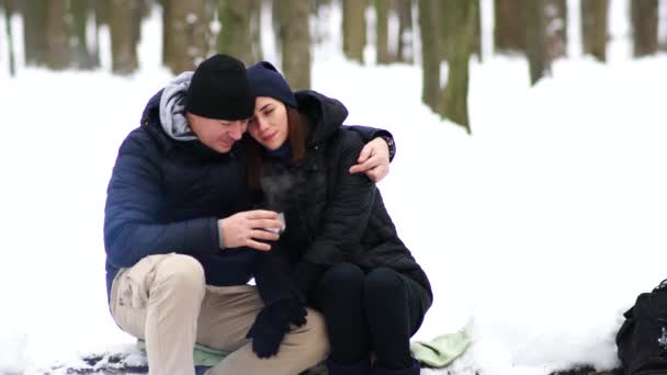 Couple Européen Ayant Temps Dans Forêt Hiver — Video