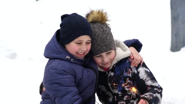Crianças Brincam Floresta Nevada Crianças Pequenas Livre Inverno Amigos Brincar — Vídeo de Stock