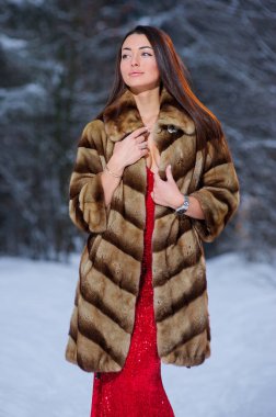 Kış ormandaki güzel genç ve güzel kadın.