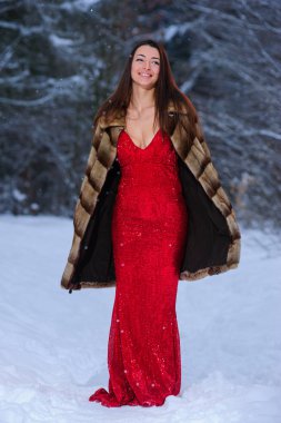 Kış ormandaki güzel genç ve güzel kadın.