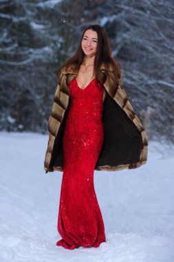 Kış ormandaki güzel genç ve güzel kadın.